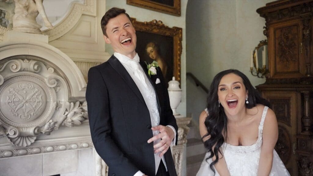 Bride and groom laughing